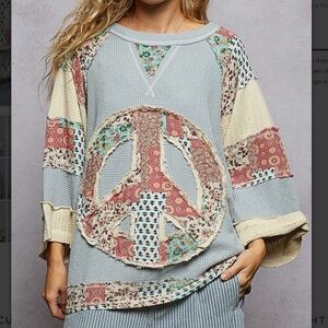 POL Floral Print Peace Patchwork Reverse Stitch Knit Top
